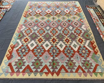 Large Afghan Kilim Rug: Handmade Wool Flatweave Carpet, 6.9 x 10.0 ft