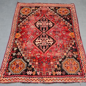 Collectors Piece One of a Kind Antique low pile Wool Rug, Afghan Handmade Caucasian Geometric Rug, Oriental Vintage Red Rug, 3&#39;7x4&#39;10 Ft Rug