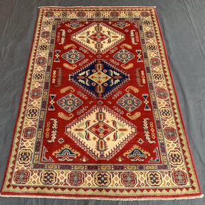 5x7 Authentic Kazak Rug – Red Wool Turkish Rug, Geometric Oriental Carpet, Tribal Style Colorful Area Rug, Boho Small Decor Area Rug