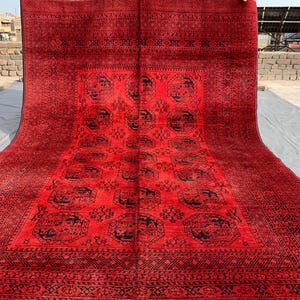 6.3x9.6 ft Red Bukhara Rug – Handmade Afghan Wool Area Rug – Vintage Traditional Carpet – Large Boho Style Floor Rug