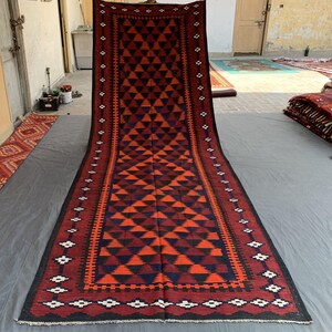 Geometric Afghan Tribal Antique Runner Red Kilim Rug, Turkish Style Wool Hand Knotted Runner Kilim Rug, Turkman Traditional Runner Kilim Rug