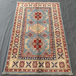 Small Blue Wool Area Rug, Afghan Hand Knotted Light Blue Tribal Carpet, Kids Room Decor Rug, Small Area Decor, 3&#39;8x4&#39;9 Ft Small Bedroom Rug