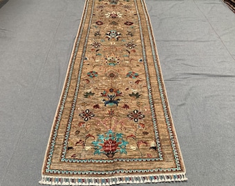 Beige Afghan Runner Rug | Teal Floral Hallway Carpet, Hand-Knotted Wool (2.10x9.8 ft)