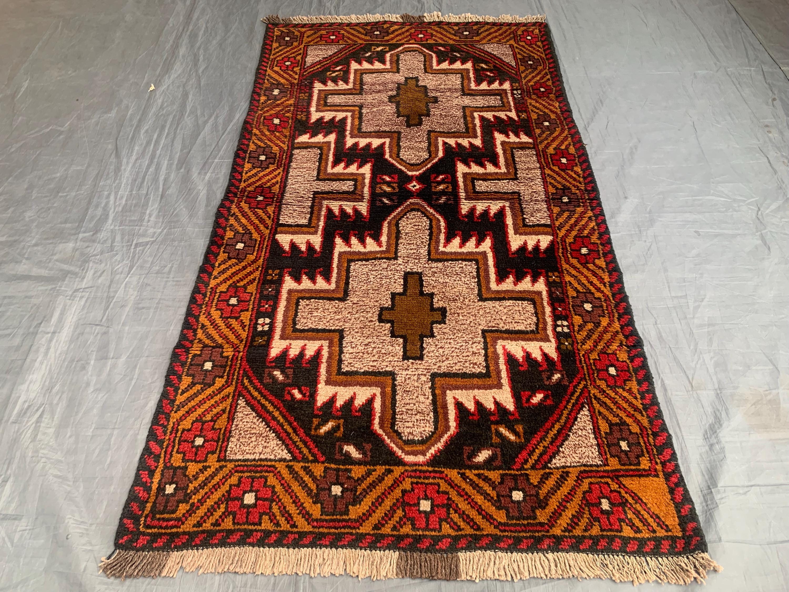 1980s Vintage Afghan Baluch Rug: Hand-knotted Wool Turkmen Carpet