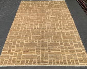 Hand-Knotted Wool Area Rug | Beige & Brown Geometric Afghan Rug
