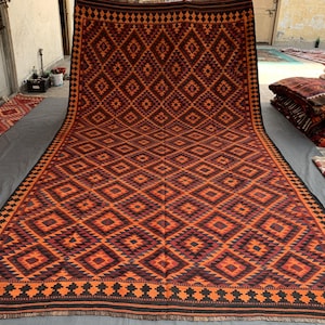 Alfombra Kilim antigua de los años 60, 2,18 m x 4,78 m, estilo vintage, única en su tipo, Ghalmuri Kilim, alfombra Kilim de pasillo largo, alfombra Kilim grande naranja.