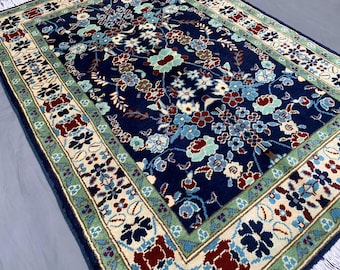 ☾Vintage Rug☽ 210cm×80cm　トルクメン族　アフガンラグ 手織りアフガンウールラグ：3×5フィート ネイビーブルー トルクメン