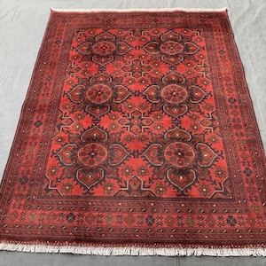 6x8 Afghan Vintage style Rug/ Turkmen Kalisaye design Khal Muhammdi Bukhara Rug/ Soft Pile Rug/ Red Handmade Wool Area Rug/ Living Room Rug