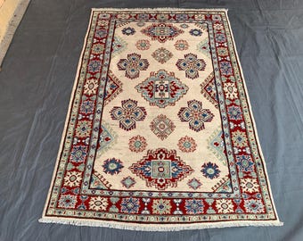 Vintage Kazak Rug: Oriental Wool Geometric Rug, Afghan Tribal Art