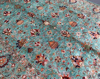 Alfombra de lana turquesa anudada a mano de 23 x 30 cm / Alfombra grande con diseño floral / Alfombras personalizadas / Alfombra verde azulado para sala de estar / Alfombra para dormitorio / Alfombra de lana hecha a mano de 23 x 30 cm