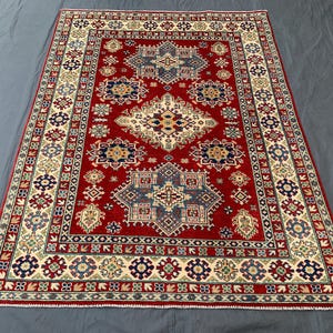 Red Geometric Kazak Rug, Afghan Handmade Wool Rug, Natural Veg dyes Rug, Traditional Area Rug, Turkmen Oriental Rug, Living Room Rug 6.6x5