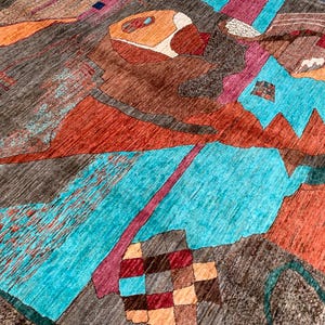 Afghan Handmade 7x10 Rug – Terracotta Wool Carpet, Oriental Rustic Turkish Style, Washable Natural Dye Orange Blue Brown Bedroom Living Room