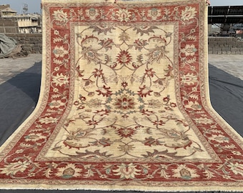 Hand Knotted Afghan Wool Rug, 6x8 Red Border Floral Area Rug