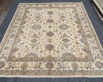 Hand Knotted Wool Rug 8x10 - Beige Floral Area Rug - Muted Ziegler Design - Bedroom or Living Room Carpet 250x300cm