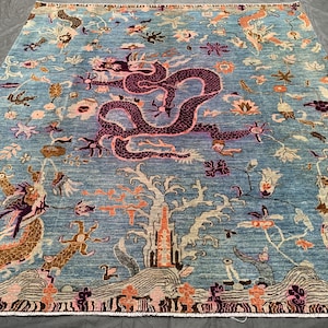 Alfombra estilo dragón de 2,7 x 3,1 m, alfombra tribal de lana anudada a mano de 2,4 x 3,0 m, hermosa alfombra Pili Serapi suave y baja con estampado de dragón, alfombra para sala de estar