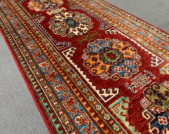 Hand Knotted Wool Rug | 2.9x9.6 Red Geometric Afghan Runner