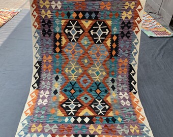 Alfombra Kilim afgana hecha a mano: Alfombra vintage de tejido plano de lana, 1,2 x 1,8 m