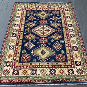 5'0x6'6 Ft Oriental Tribal Kazak Rug, Afghan Handmade Wool Geometric Afghan Carpet, Turkish Colorful Vintage Look Bedroom Decor Rug