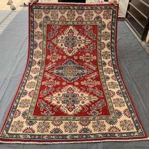 Handmade Turkish Kazak Rug, Red Kazak Carpet, Turkman Kazak Style Rug, Afghan Tribal Rug, Vintage Wool Rug, Geometric Rug Office Decor