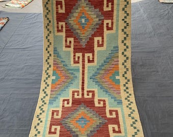 Handmade Turkish Kilim Runner Rug: 3.0x8.2 ft Vintage Wool Hallway Rug