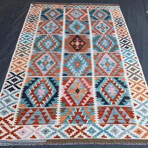 5.3x8.3 ft Colorful Kilim Rug – Handmade Turkish Area Rug, Boho Tribal Flatweave Wool Carpet, Oriental Geometric Area Turkish Style Wool Rug