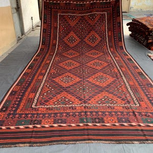 Alfombra Kilim antigua de los años 60, 2,44 m x 4,90 m – Ghalmuri vintage de tejido plano, única en su tipo, kilim naranja largo, alfombra tribal turca grande