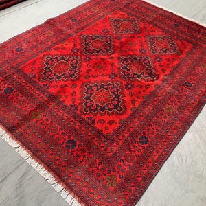 Hand-Knotted Khal Muhammadi Rug – Red Afghan Bukhara Wool Carpet – Vintage Khamyab Area Rug