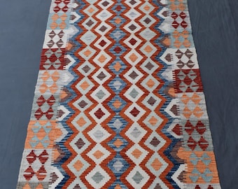 アフガンキリム　ランナー ハンドメイドのアフガンキリムランナーラグ：ブルーグレーウール