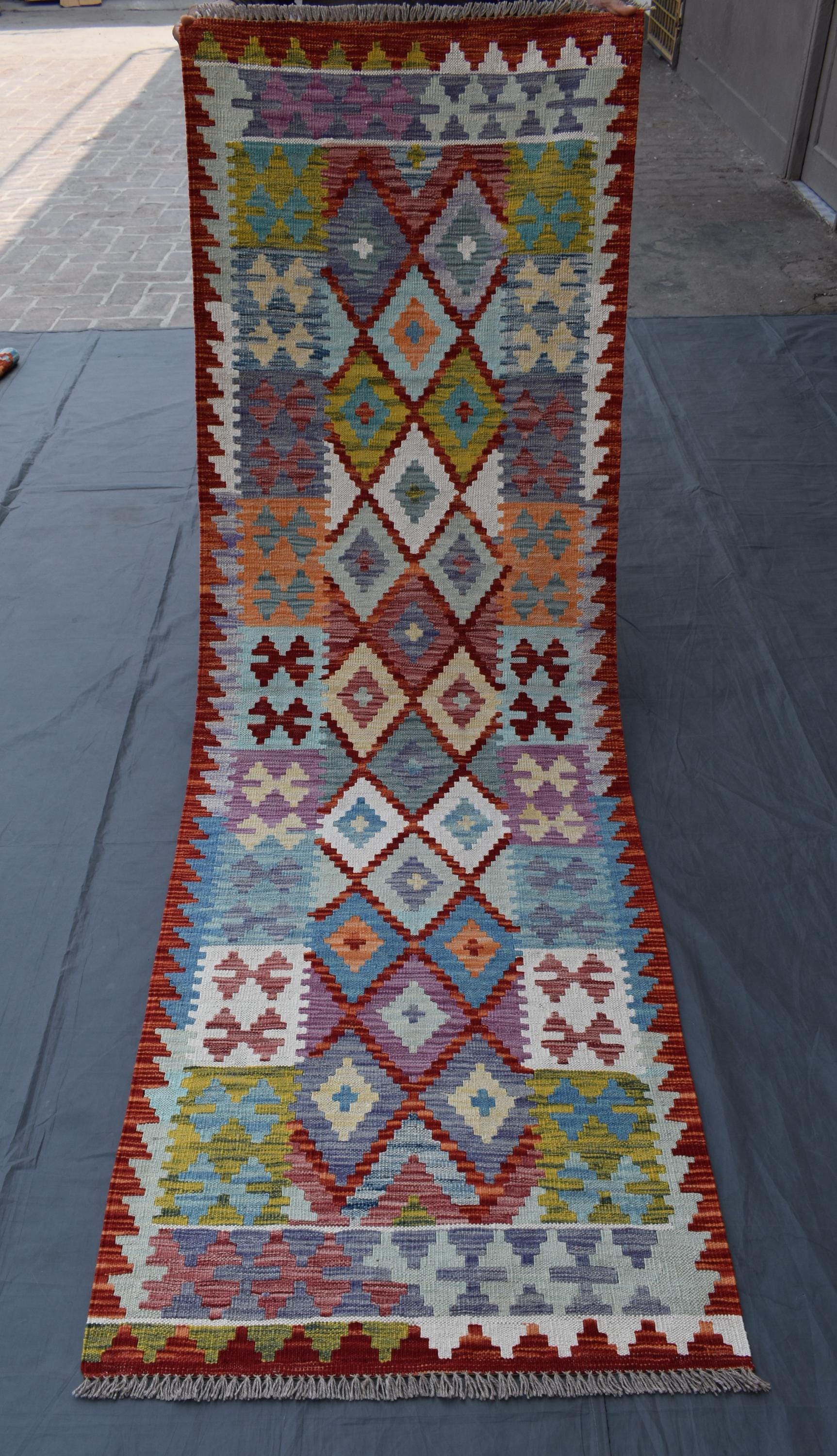 ヴィンテージ アフガン キリム ランナーラグ：トライバル ジオ