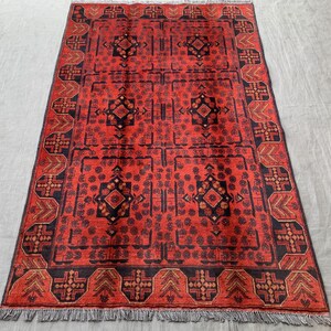 Small Vintage Rug 4.1x6.7 ft Turkmen Red Bukhara rug 3x4 Afghan Handmade Wool Area Rug/ Khal Muhammadi Oriental Rug/ Rug for Bedroom/ Office