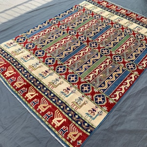 Hand-Knotted Afghan Kazak Rug 5'5x7'11 Ft, Turkish Unique Colorful Wool Area Rug, Tribal Living Room  Oriental Rug, Unique Vintage Style