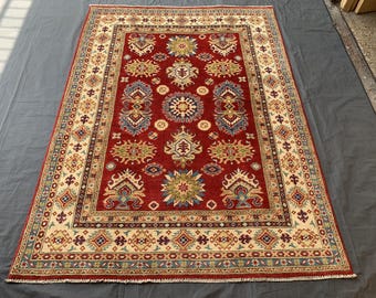 Hand Knotted Red Kazak Rug: Afghan Wool Vintage Carpet (4.11x6.8ft)