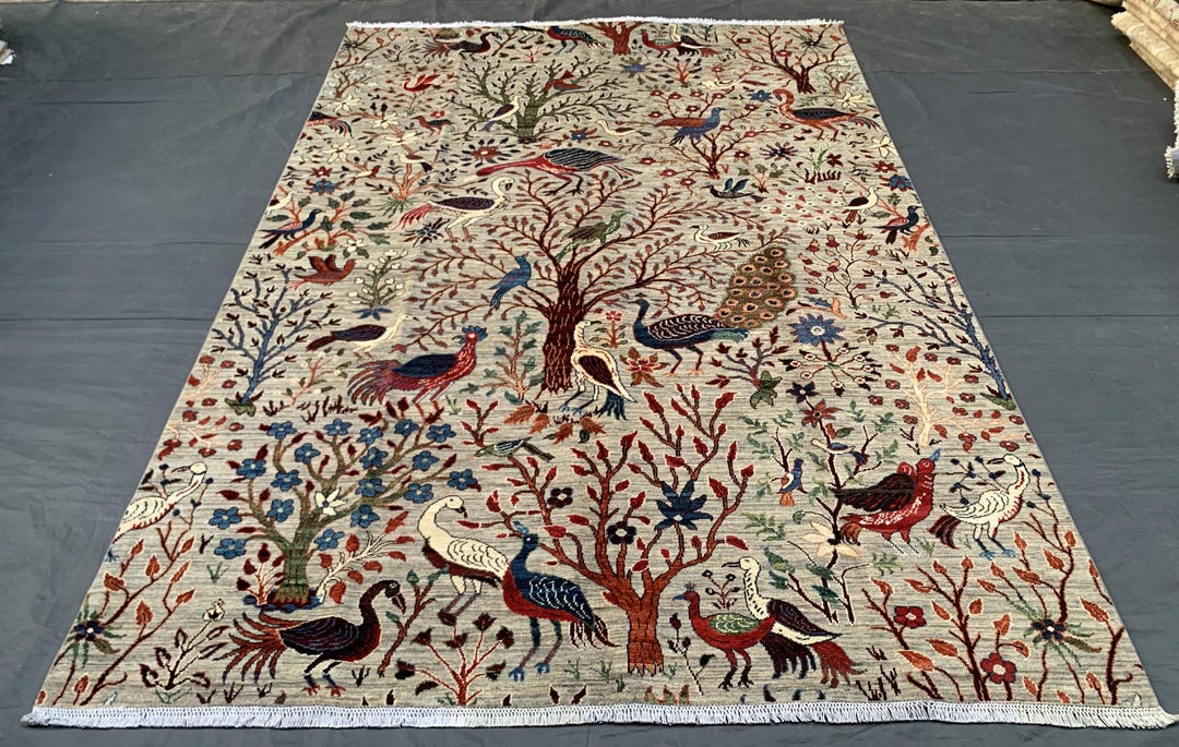 Tree Art Rug 7x10 Tree of Life Rug, Pictorial Peacock Rug, Boho Earth Tone Area Rug ...