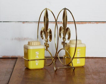 Vintage Yellow Lustroware Salt and Pepper Shakers / brass metal napkin holder, midcentury kitchenware, 1950s retro plastic kitchen decor