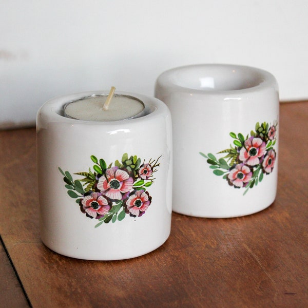 Set of Floral Ceramic Candle Holders / porcelain tealight candle holder, floral farmhouse decor, small knick knack decor
