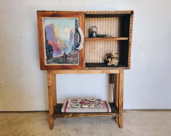 Handmade Barnwood Cabinet / rustic display shelf, primitive cupboard, reclaimed wood small hutch, farmhouse bar cabinet, vintage art print