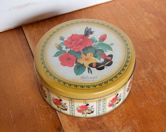 Vintage Floral Tin / hibiscus flower, round storage tin, kitchen collectables, metal tin with lid, candy storage, button storage, eclectic