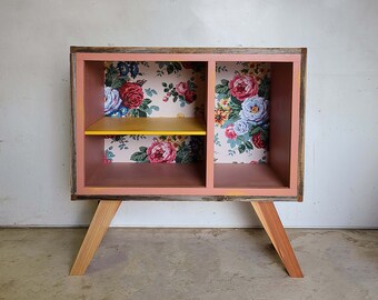 Maximalist Accent Console Cabinet / record player stand, tv stand unique, midcentury modern, pink furniture, rustic barnwood, vintage floral