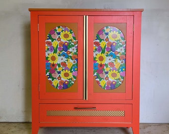 Handmade Maximalist Bar Cabinet / eclectic storage, vintage inspired, retro orange, 70s floral, living room hutch, gold accent furniture