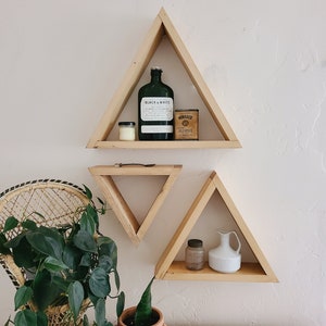 Triangle Shelf Set / geometric shelves, wood shelf decor, boho wall decor, wood shelving, geometric art, crystal display shelf, rustic decor image 1