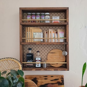 Wood Storage Shelf / spice rack wall mount, farmhouse kitchen organization, pantry storage, jar shelf, oil display, rustic tea coffee shelf