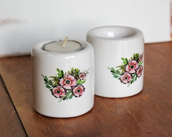 Set of Floral Ceramic Candle Holders / porcelain tealight candle holder, floral farmhouse decor, small knick knack decor