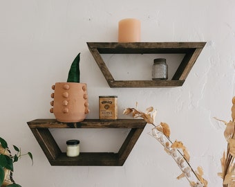 Wall Shelves / geometric triangle shelf, essential oil shelf, crystal display shelving, rustic home decor, boho floating plant shelf