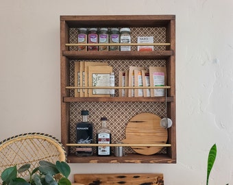 Wood Storage Shelf / spice rack wall mount, farmhouse kitchen organization, pantry storage, jar shelf, oil display, rustic tea coffee shelf