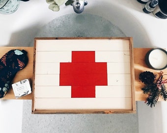 Wood Serving Tray / decorative wood tray for keys, ottoman tray, coffee table tray, red swiss cross, nurse gift, modern catchall tray