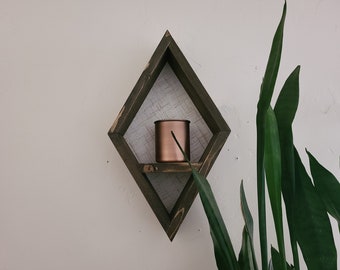Diamond Shelf / geometric shelf, boho wall decor, rustic home decor, floating plant shelf, retro decor, bohemian style, wood shelf hanging