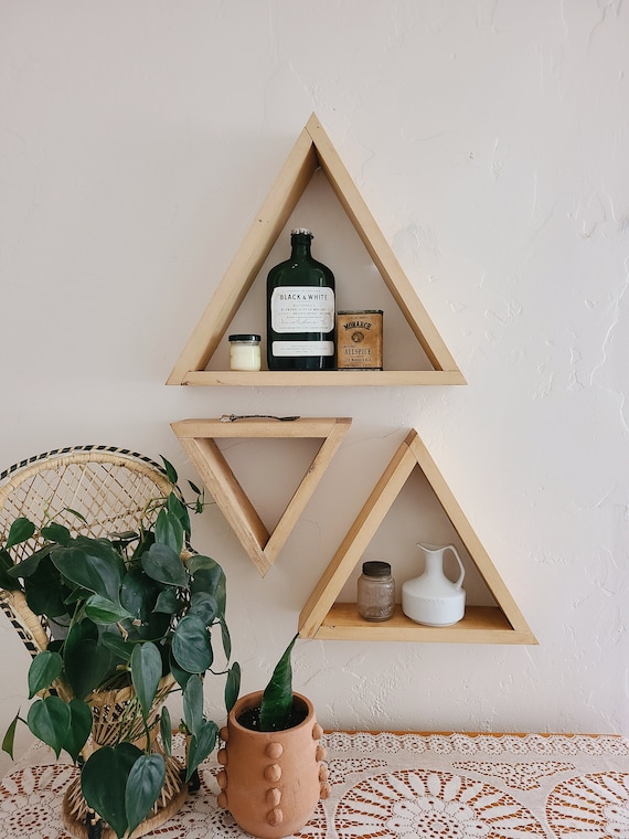 Triangle Shelf Set / geometric shelves, wood shelf decor, boho wall decor, wood shelving, geometric art, crystal display shelf, rustic decor