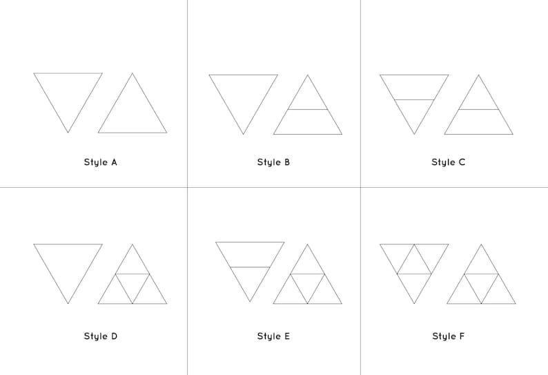 May include: Six different styles of triangle designs. Each style features two triangles, one above the other. The triangles are outlined in black and are empty inside.