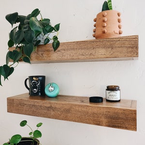 May include: Two wooden shelves mounted on a white wall. The top shelf has a terracotta pot with a green succulent plant and the bottom shelf has a black mug with a white buffalo design, a teal soap dispenser, a black lid, and a brown glass jar with a white label that reads "MONTREAL" in black text.