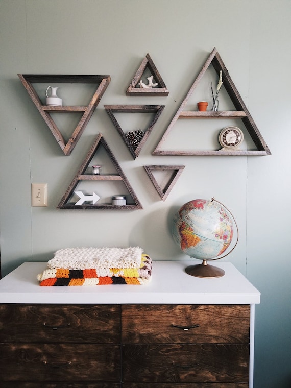 Triangle Shelf Set / triangle shelves, rustic home decor, rustic boho wall decor, wood shelving, geometric art, essential oil shelf
